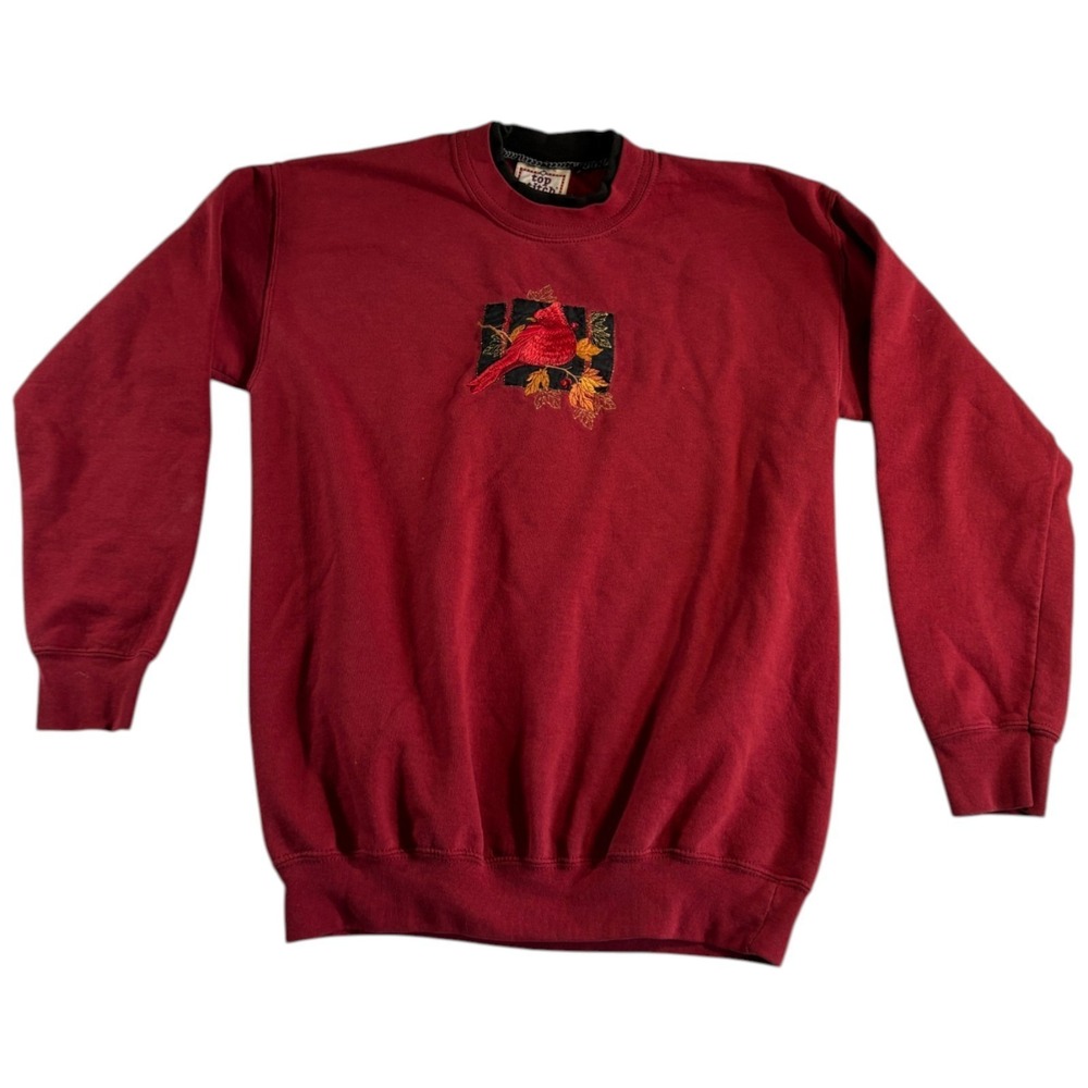 Vintage Top Stitch‎ Sweatshirt Womens Medium Red Bird Holiday Embroidered Logo